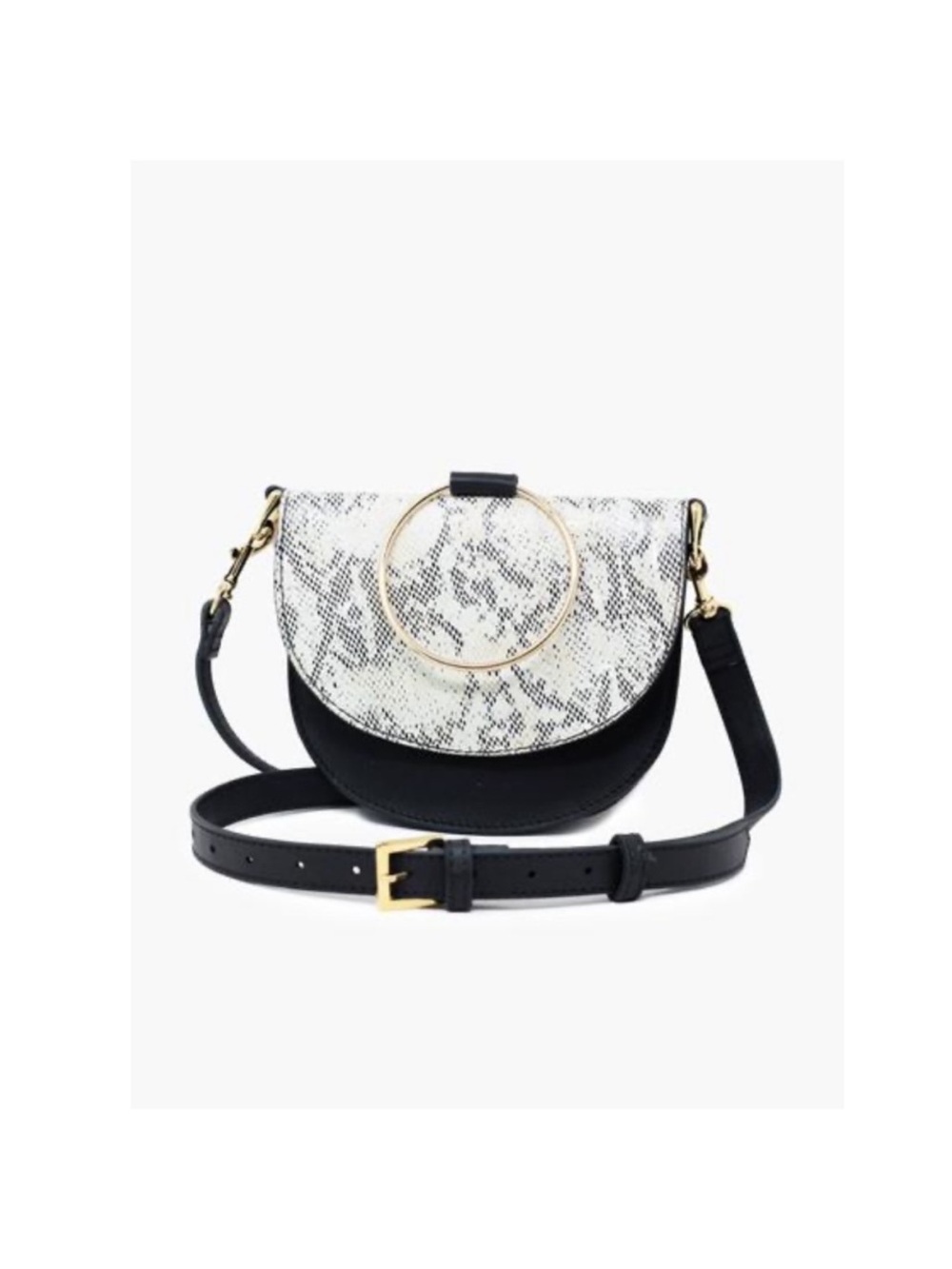 ABLE Fozi Slim Leather Crossbody Satchel Black & White Snake Print Ring Handba